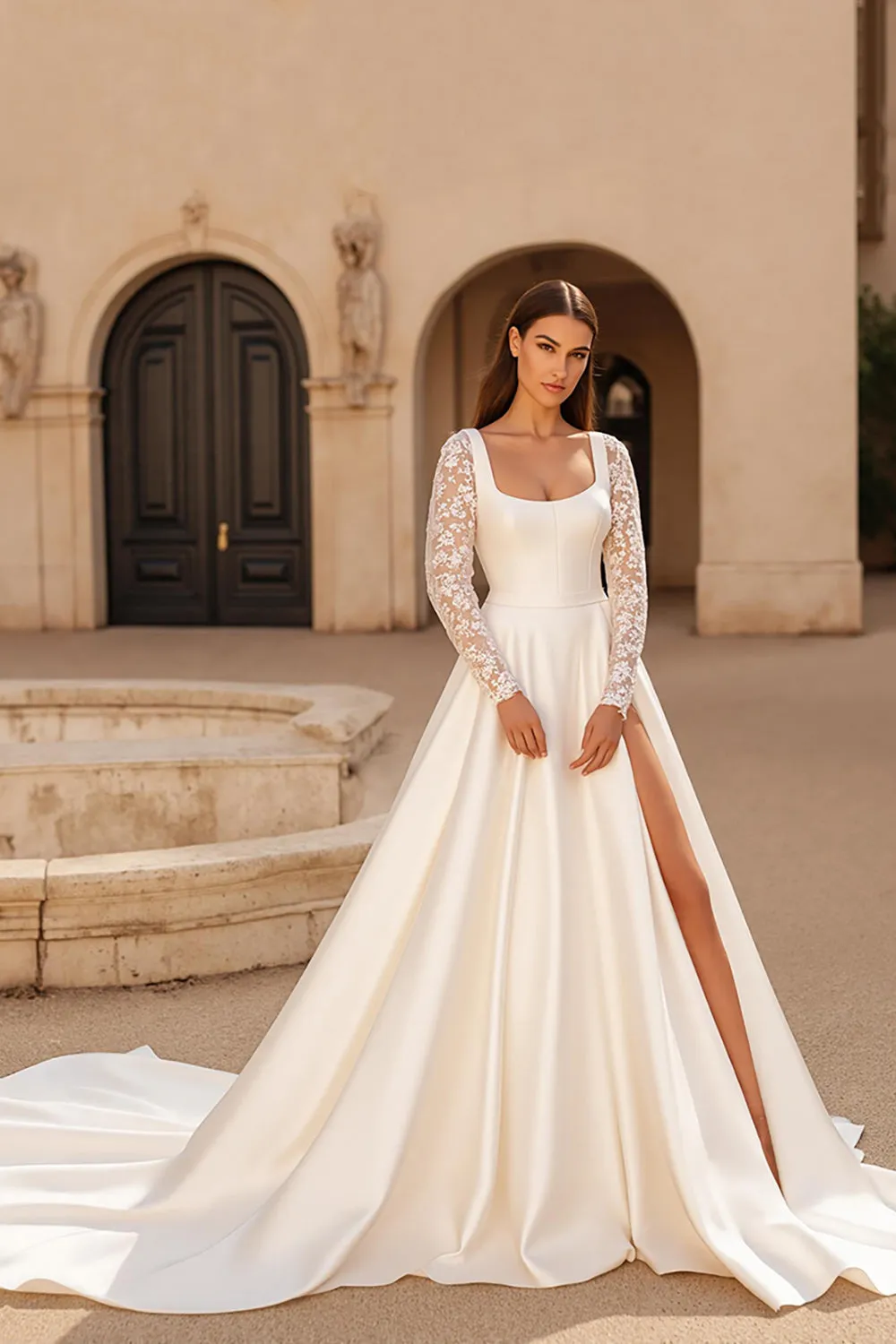 Ivory Satin A Line Square Neck Court Train Wedding Dress with Lace sold by Zapaka