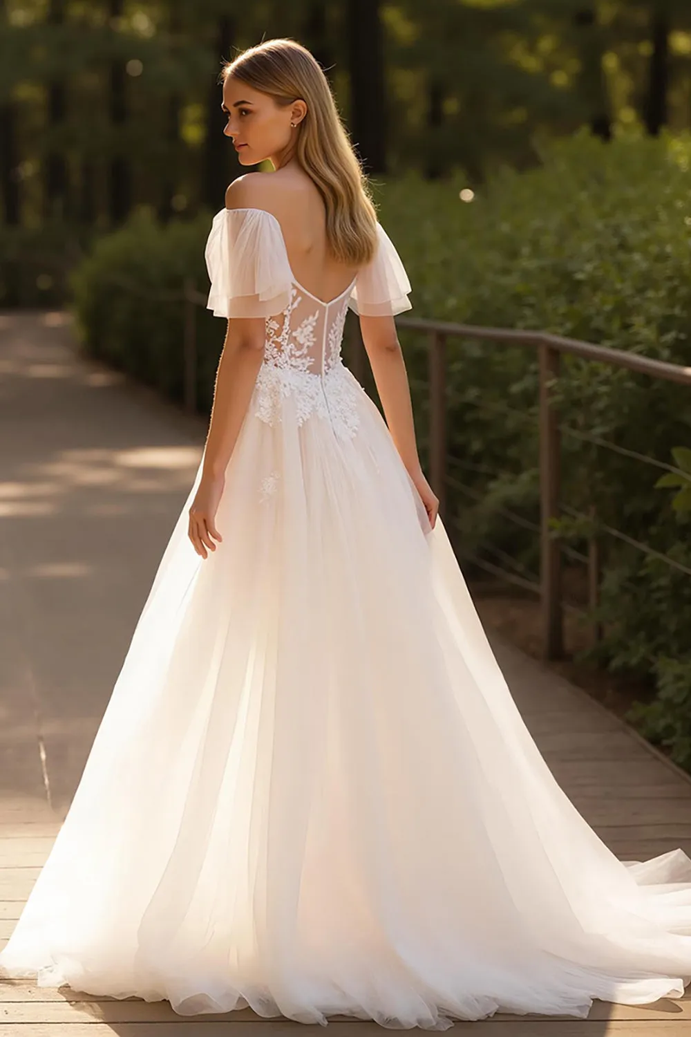 Ivory A Line Off the Shoulder Tulle Wedding Dress with Lace Appliques sold by Zapaka product image thumbnail 2