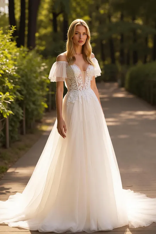 Ivory A Line Off the Shoulder Tulle Wedding Dress with Lace Appliques sold by Zapaka