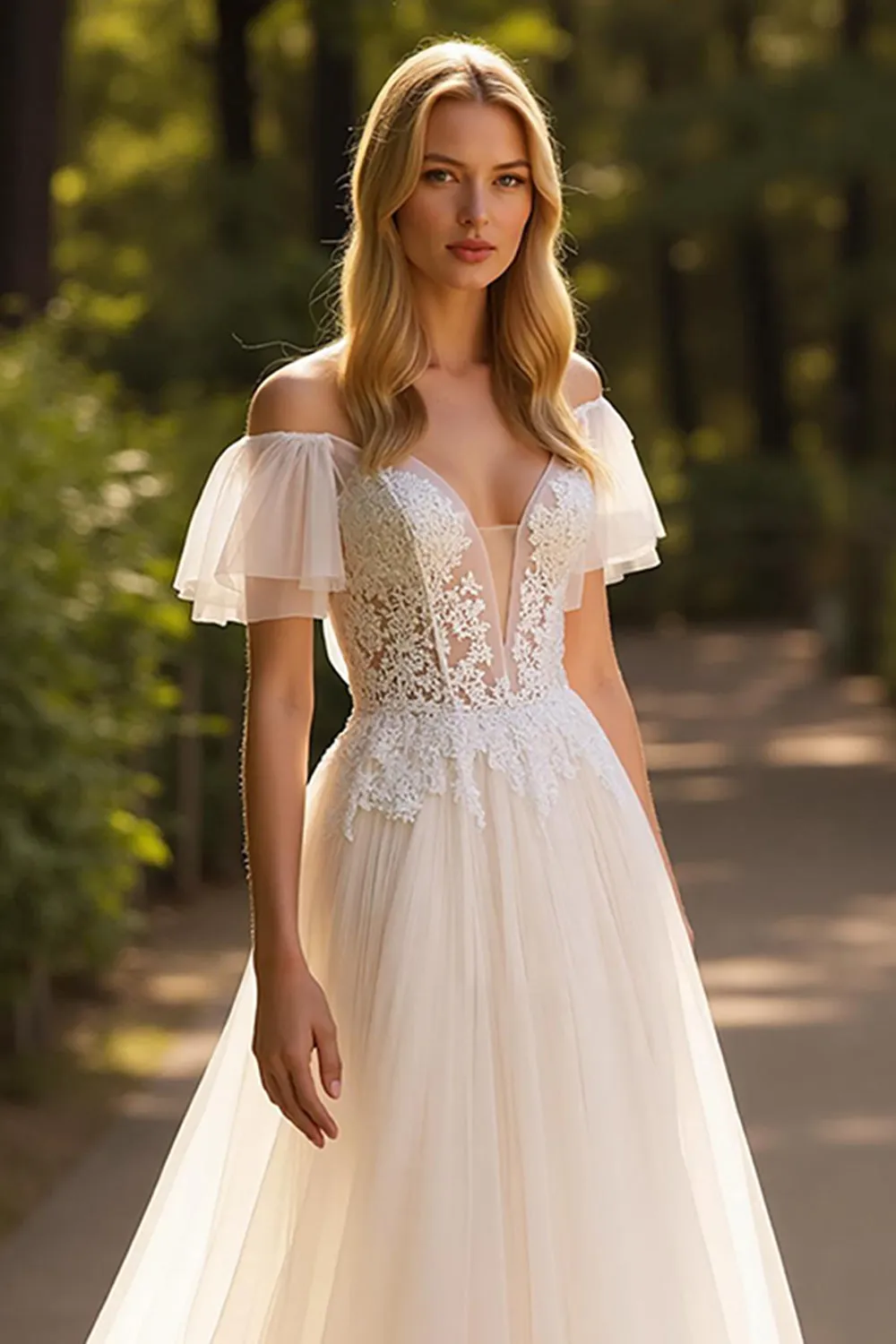Ivory A Line Off the Shoulder Tulle Wedding Dress with Lace Appliques sold by Zapaka product image thumbnail 3