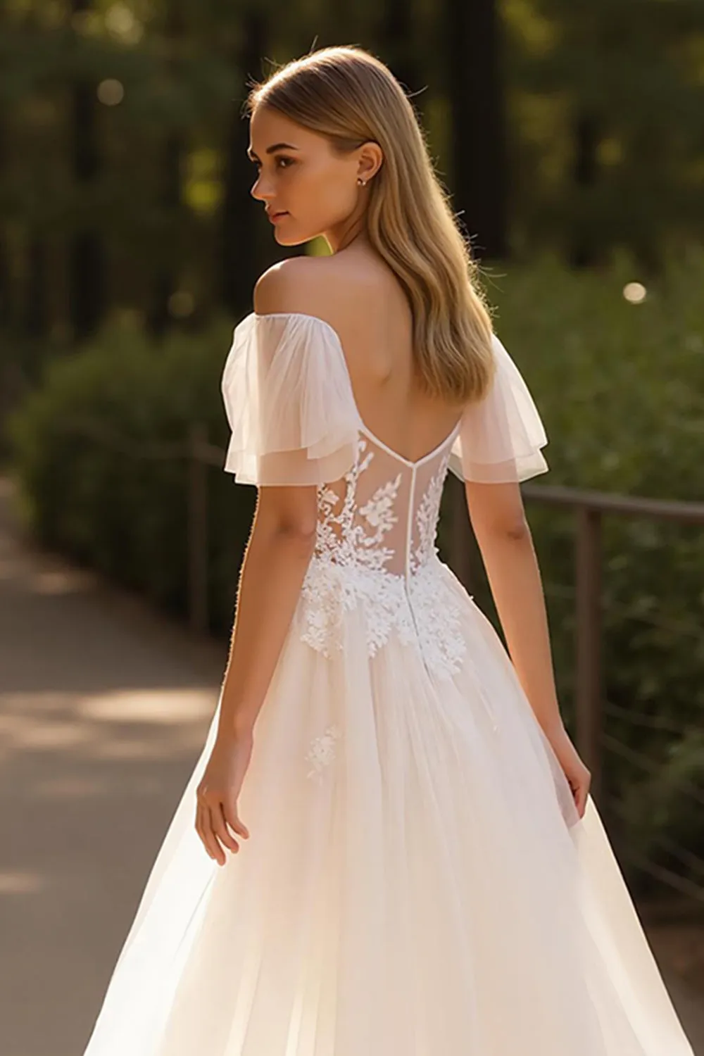 Ivory A Line Off the Shoulder Tulle Wedding Dress with Lace Appliques sold by Zapaka product image thumbnail 4