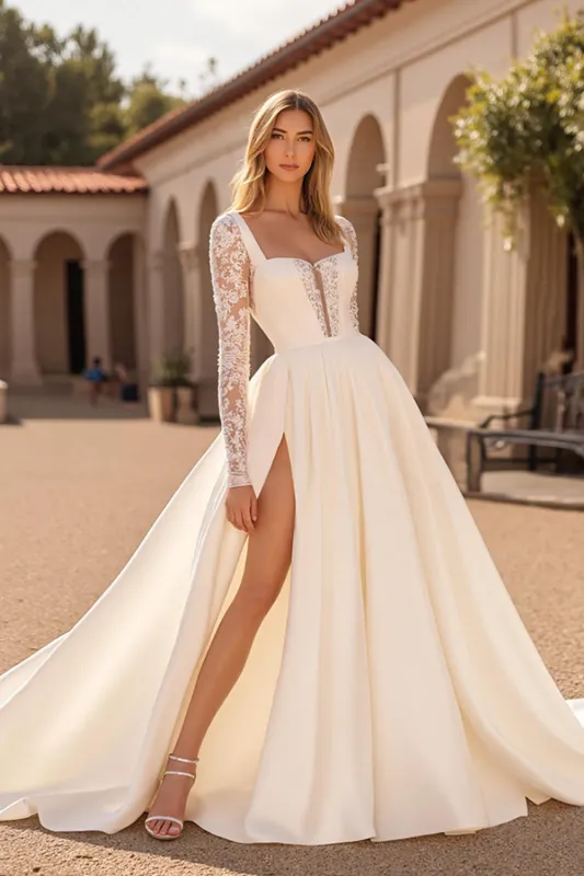 Court Train Satin A Line Square Neck Ivory Wedding Dress with Lace Appliques sold by Zapaka