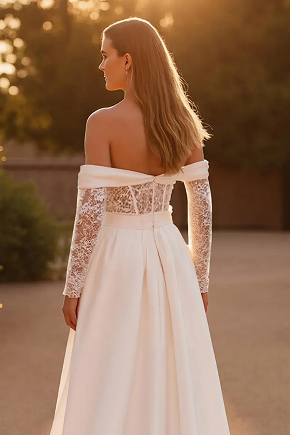 Ivory Stretch Satin A Line Off the Shoulder Sweep Train Wedding Dress with Lace sold by Zapaka product image thumbnail 4