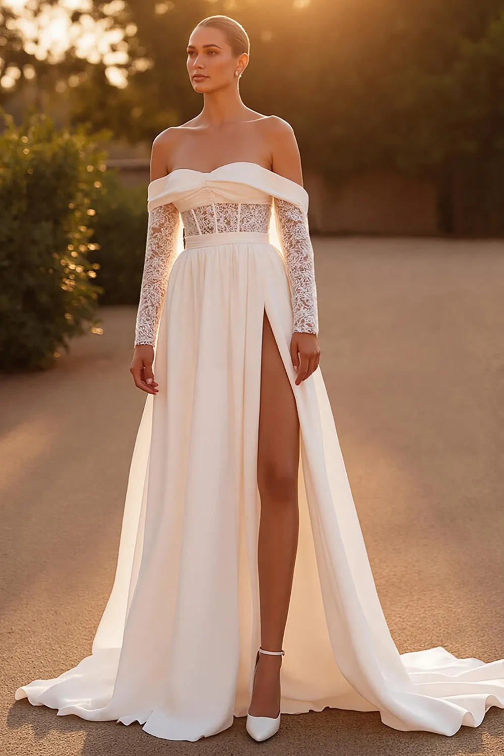Ivory Stretch Satin A Line Off the Shoulder Sweep Train Wedding Dress with Lace sold by Zapaka