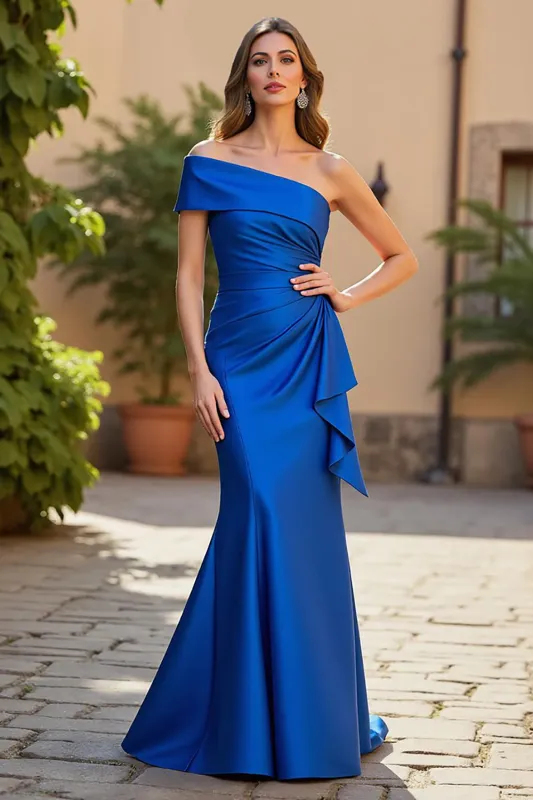 Royal Blue One Shoulder Ruched Satin Mermaid Mother of the Bride Dress sold by Zapaka
