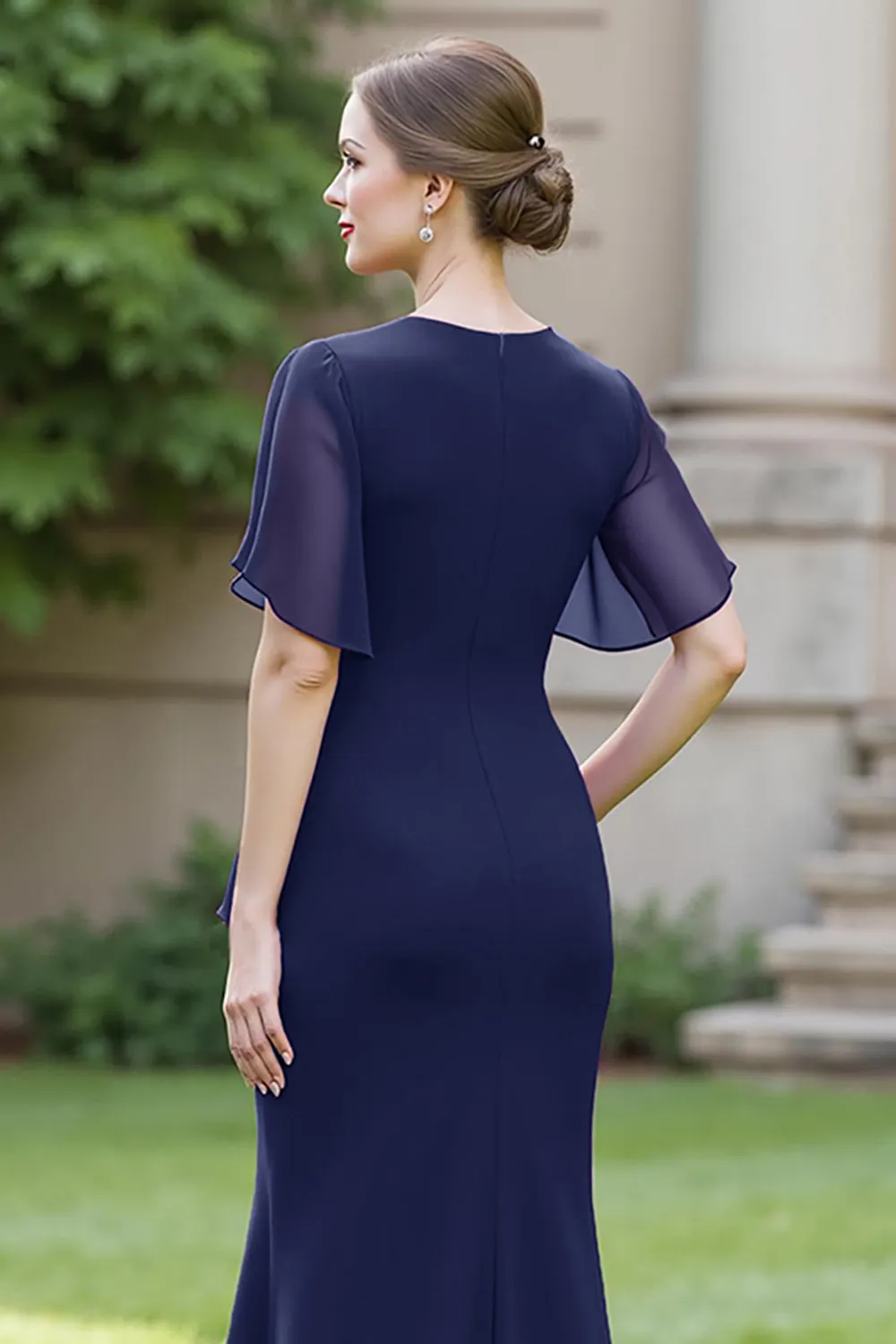 Ruched Sheath Round Neck Long Navy Mother of the Bride Dress with Sash sold by Zapaka product image thumbnail 4
