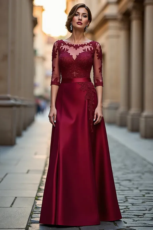 Dark Red A Line Illusion Neck Long Mother of the Bride Dress with Lace Appliques sold by Zapaka