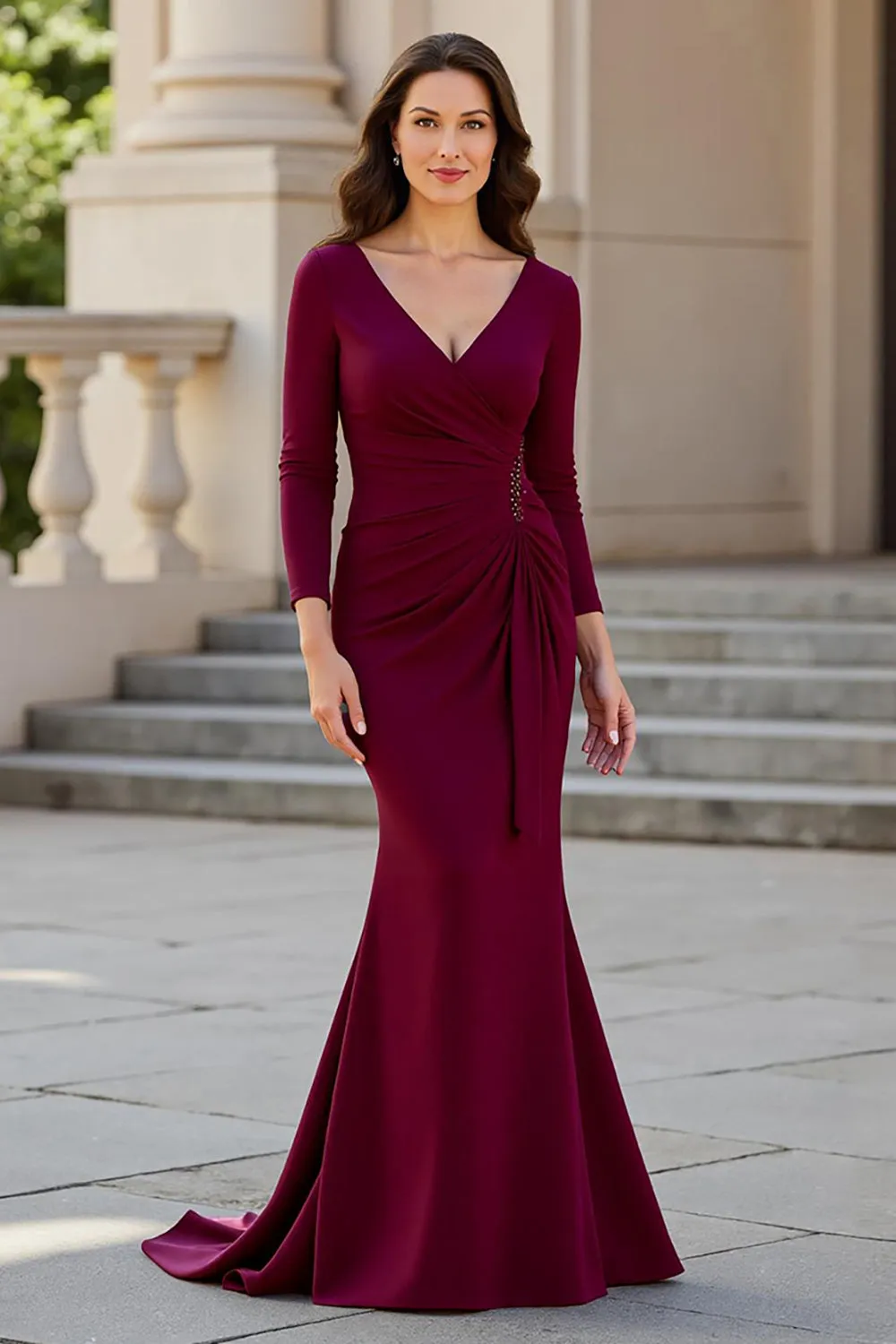 Mermaid V-Neck Stretch Satin Sweep Train Burgundy Mother of the Bride Dress sold by Zapaka