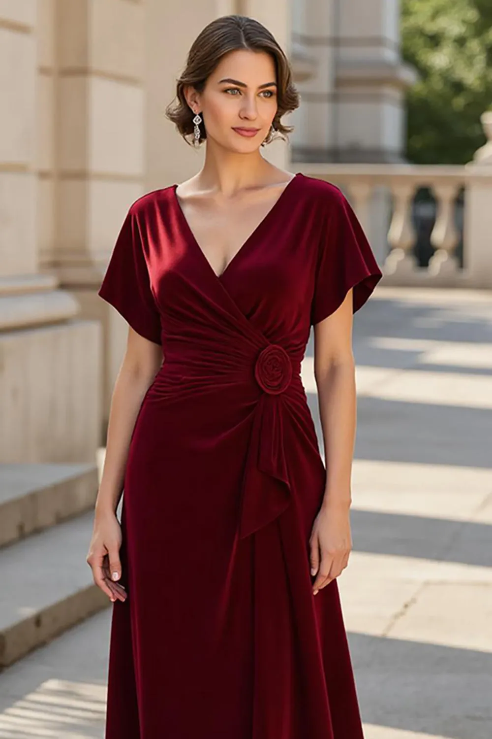 A Line V-Neck Ruched Long Burgundy Mother of the Bride Dress sold by Zapaka product image thumbnail 3