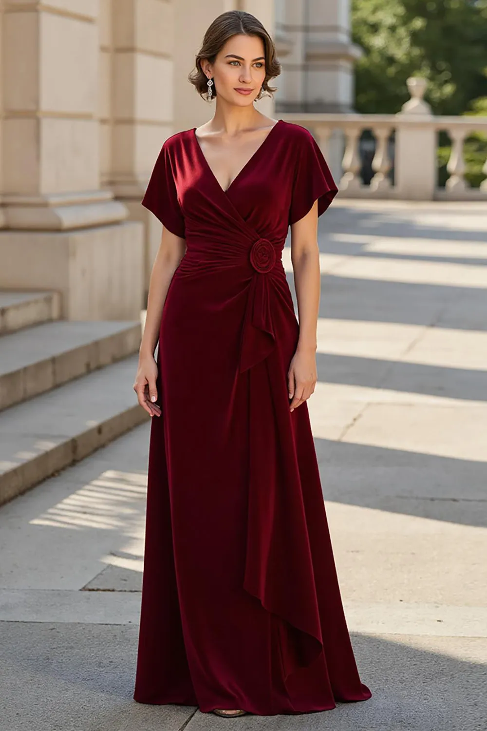 A Line V-Neck Ruched Long Burgundy Mother of the Bride Dress sold by Zapaka