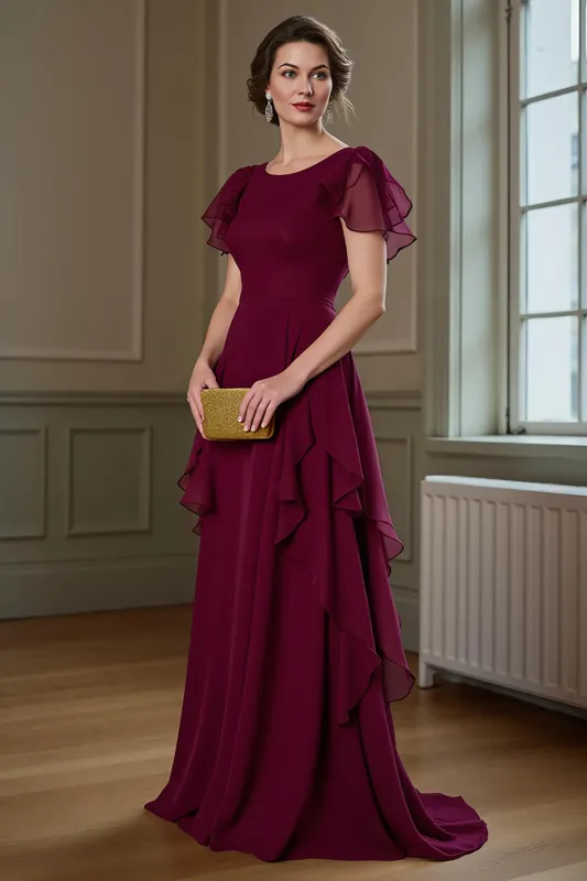 A Line Long Chiffon Burgundy Mother of the Bride Dress sold by Zapaka