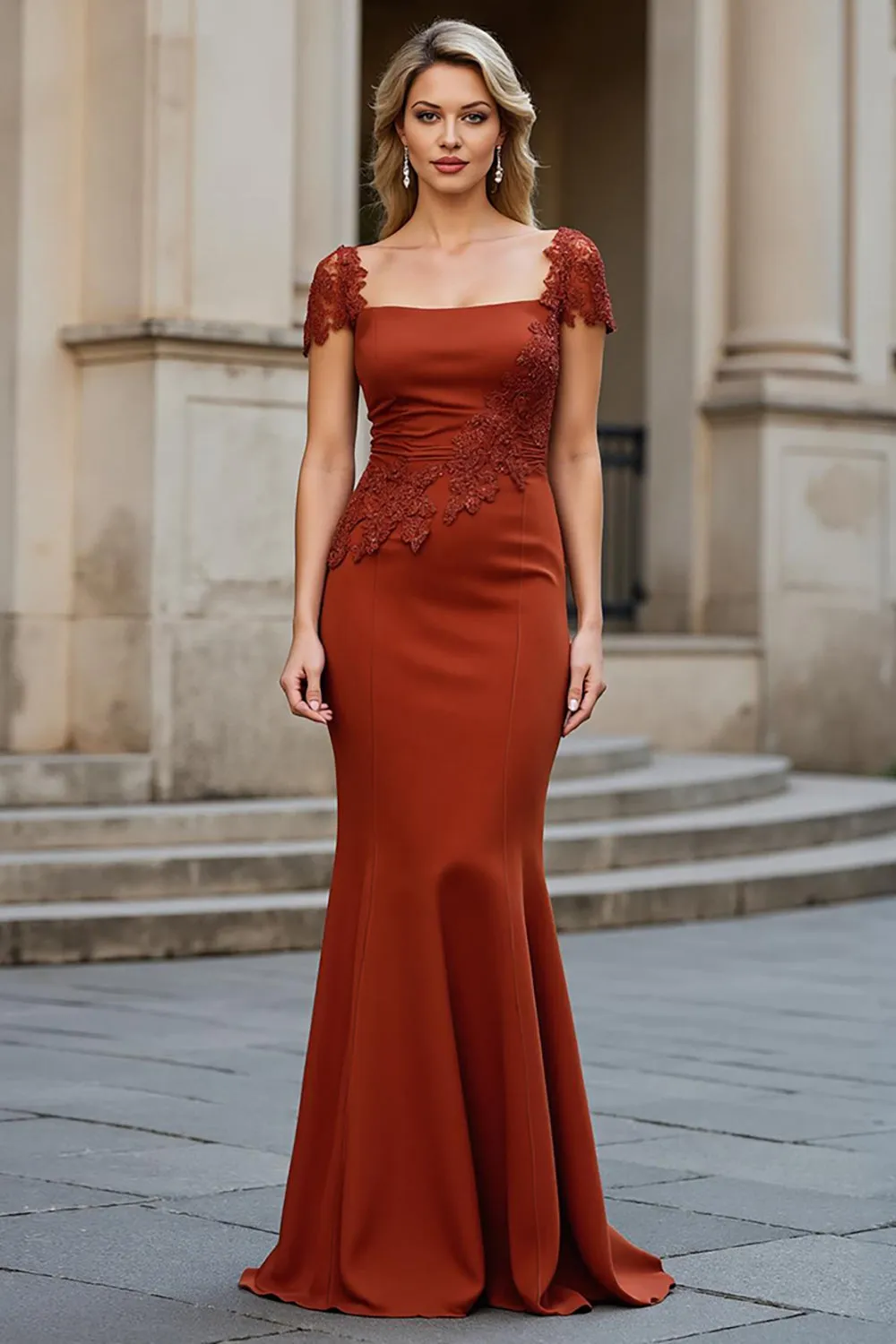 Mermaid Square Neck Sweep Train Rust Mother of the Bride Dress with Appliques sold by Zapaka