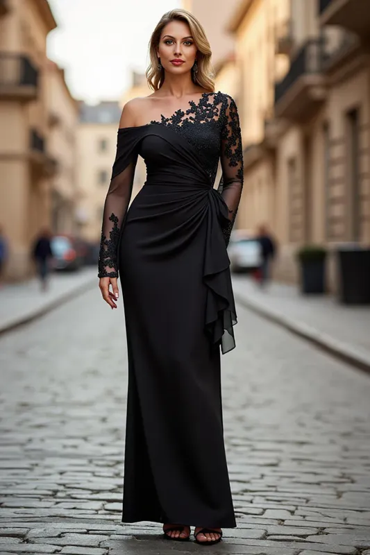 Sheath Asymmetrical Long Black Mother of the Bride Dress with Lace Appliques sold by Zapaka