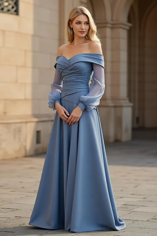 A Line Off the Shoulder Long Chiffon Dusty Blue Mother of the Bride Dress sold by Zapaka