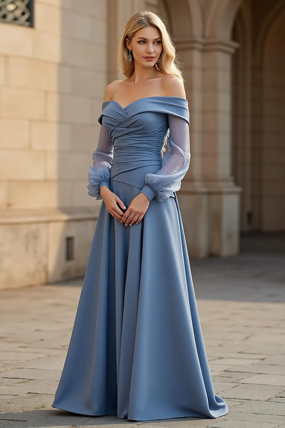 A Line Off the Shoulder Long Chiffon Dusty Blue Mother of the Bride Dress sold by Zapaka
