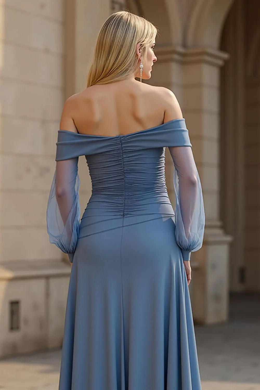 A Line Off the Shoulder Long Chiffon Dusty Blue Mother of the Bride Dress sold by Zapaka product image thumbnail 4