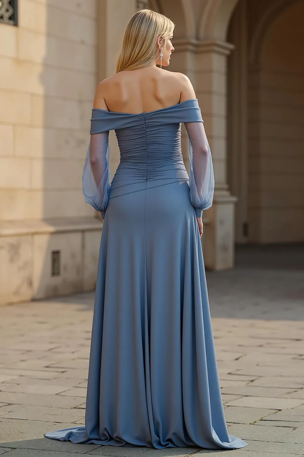 A Line Off the Shoulder Long Chiffon Dusty Blue Mother of the Bride Dress sold by Zapaka product image thumbnail 2
