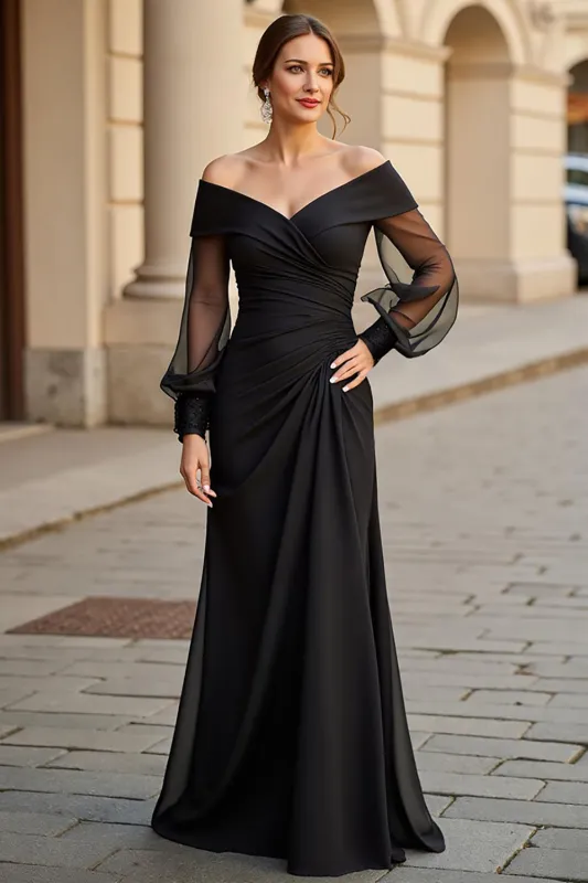 A Line Black V-Neck Ruched Mother of the Bride Dress sold by Zapaka