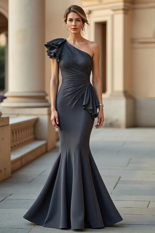 Mermaid One Shoulder Steel Grey Satin Mother of the Bride Dress with Appliques sold by Zapaka