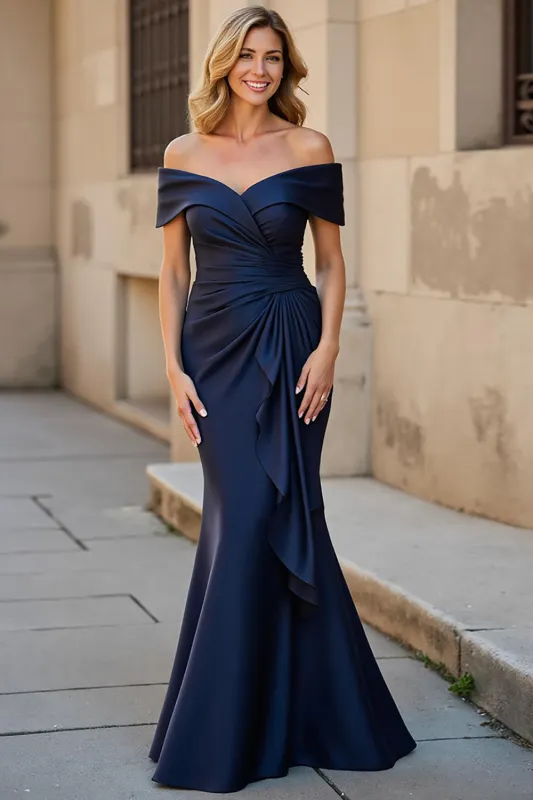 Navy Long Mermaid Off the Shoulder Mother of the Bride Dress sold by Zapaka