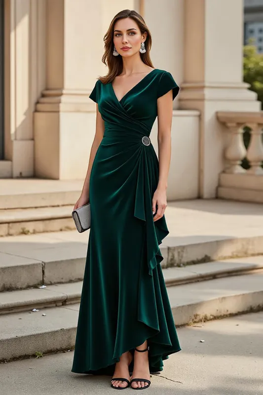 Pine Ruched A Line V-Neck Asymmetrical Mother of the Bride Dress sold by Zapaka