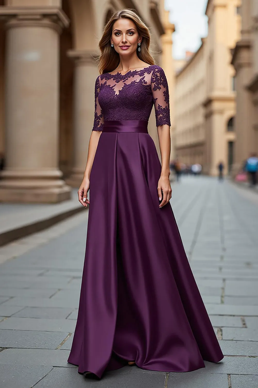 Illusion Neck Satin A Line Grape Mother of the Bride Dress with Lace Appliques sold by Zapaka product image thumbnail 3