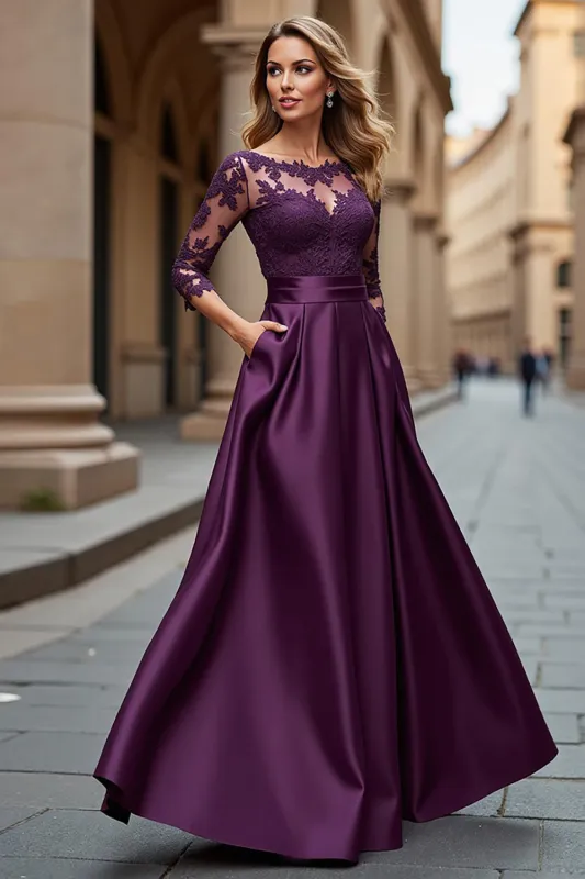 Illusion Neck Satin A Line Grape Mother of the Bride Dress with Lace Appliques sold by Zapaka