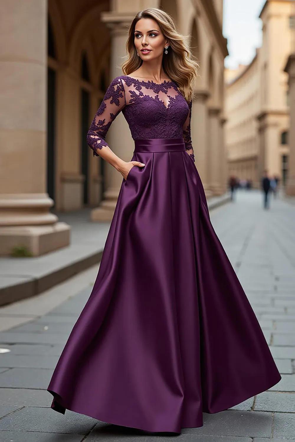 Illusion Neck Satin A Line Grape Mother of the Bride Dress with Lace Appliques sold by Zapaka