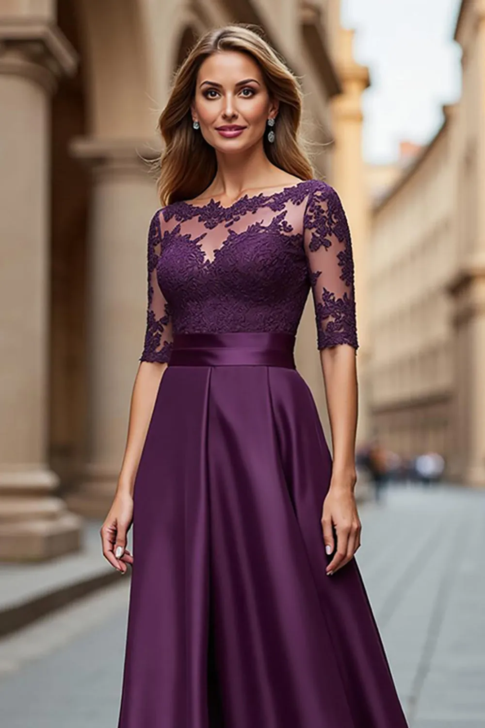 Illusion Neck Satin A Line Grape Mother of the Bride Dress with Lace Appliques sold by Zapaka product image thumbnail 5