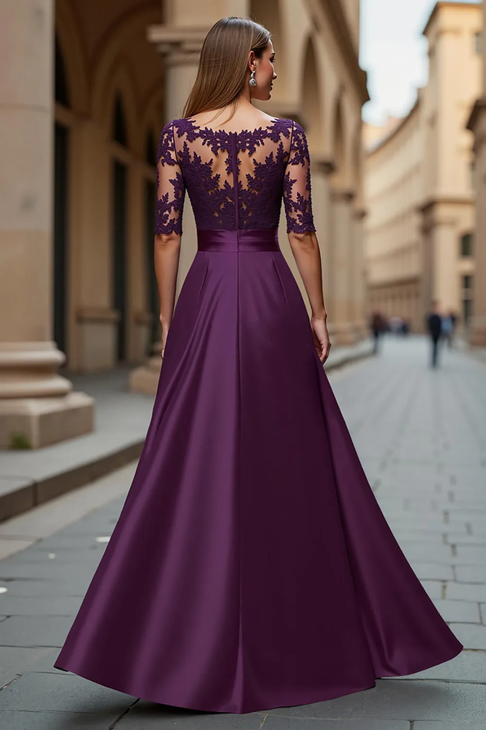 Illusion Neck Satin A Line Grape Mother of the Bride Dress with Lace Appliques sold by Zapaka product image thumbnail 2