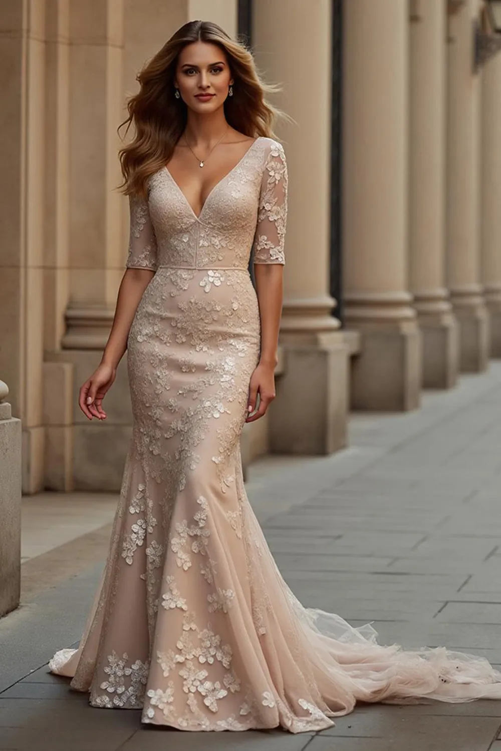 Champagne Sweep Train Mermaid V-Neck Mother of the Bride Dress with Appliques sold by Zapaka