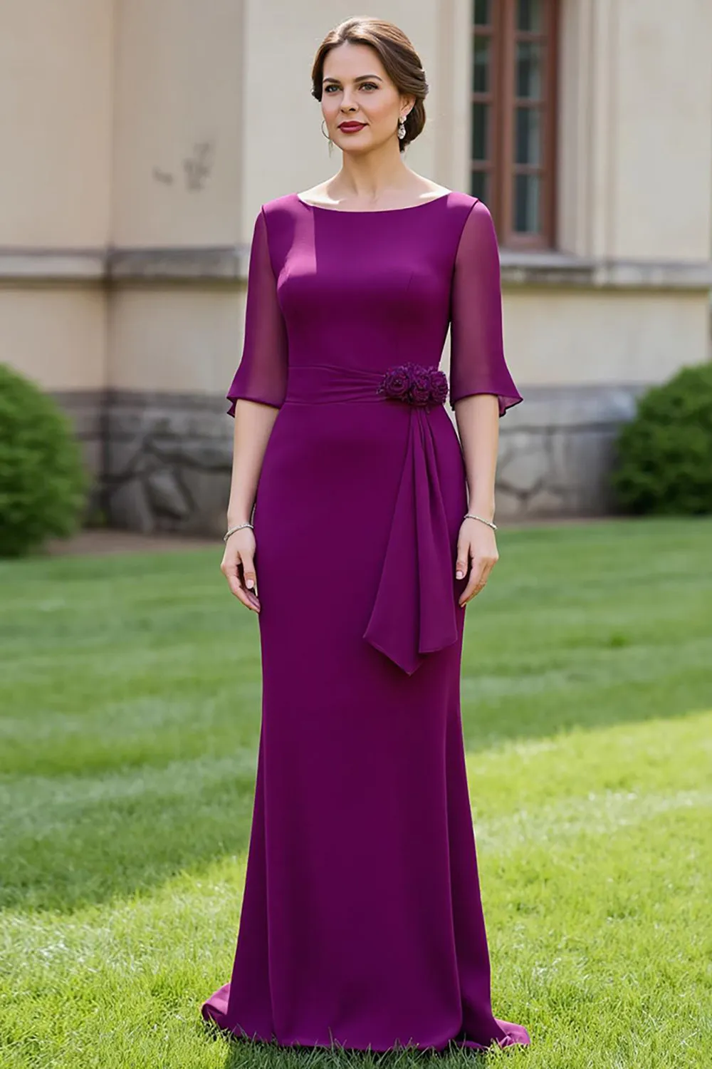 Grape Sheath Long Chiffon Mother of the Bride Dress with 3D Flower sold by Zapaka