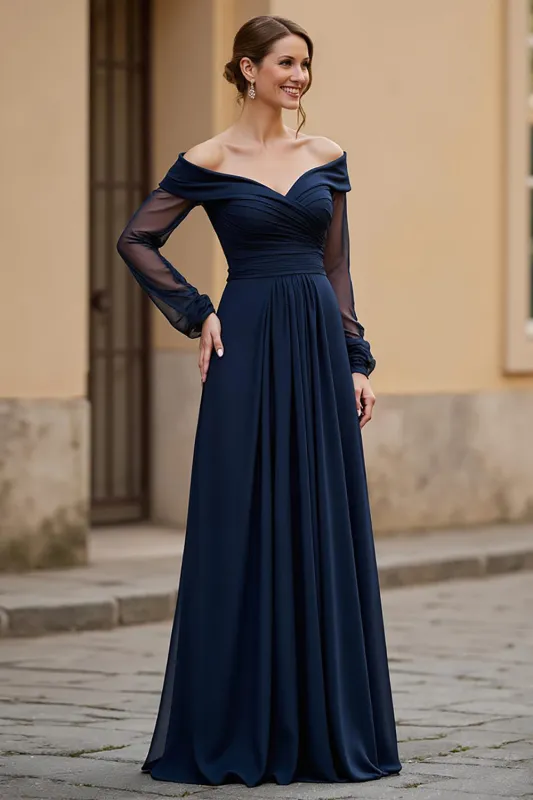 Off the Shoulder Chiffon A Line Navy Mother of the Bride Dress sold by Zapaka
