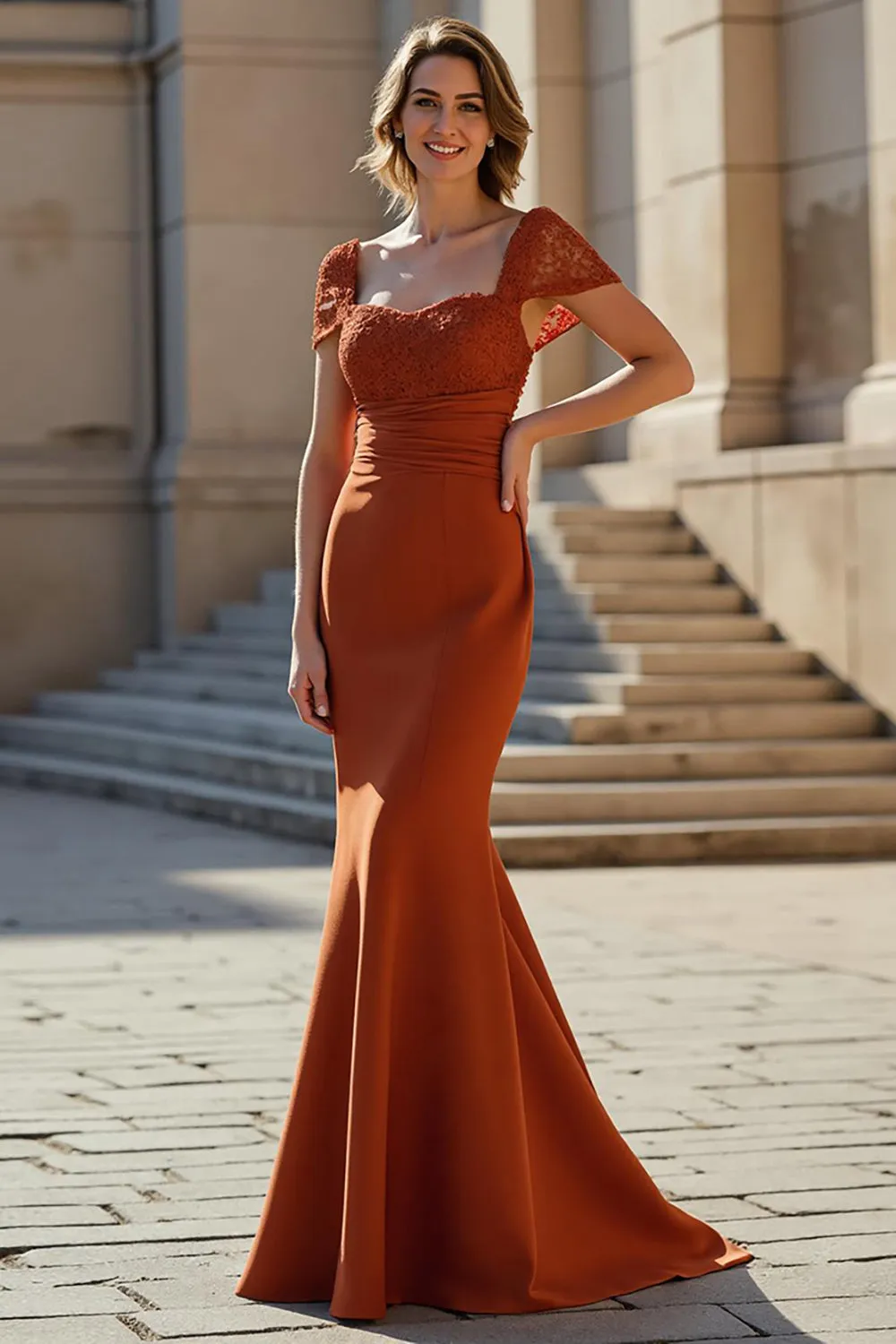 Rust Stretch Satin Mermaid Square Neck Long Mother of the Bride Dress with Lace sold by Zapaka