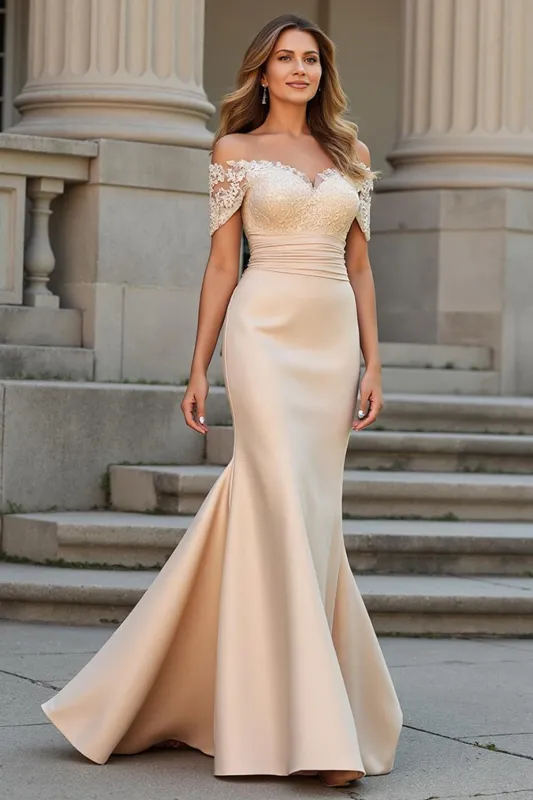 Long Stretch Satin Mermaid Off the Shoulder Champagne Mother of the Bride Dress with Lace Appliques sold by Zapaka