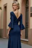 Navy V-Neck Ruched Stretch Satin Mermaid Mother of the Bride Dress sold by Zapaka