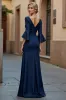 Navy V-Neck Ruched Stretch Satin Mermaid Mother of the Bride Dress sold by Zapaka