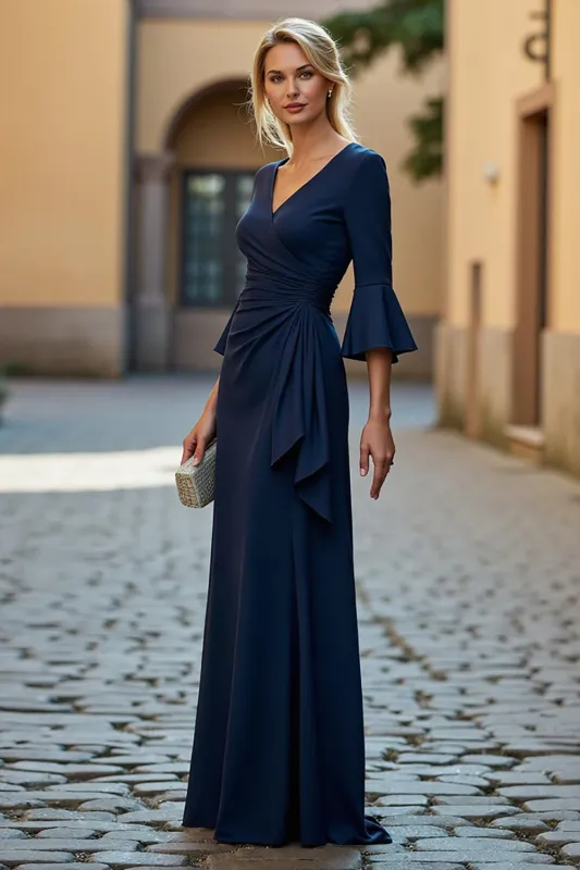 Navy V-Neck Ruched Stretch Satin Mermaid Mother of the Bride Dress sold by Zapaka
