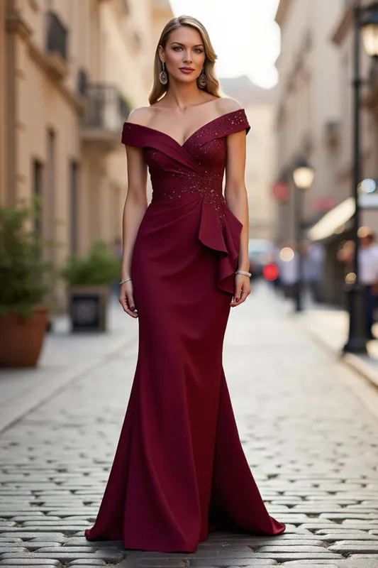 Mermaid Long Stretch Satin Burgundy Mother of the Bride Dress with Beading sold by Zapaka