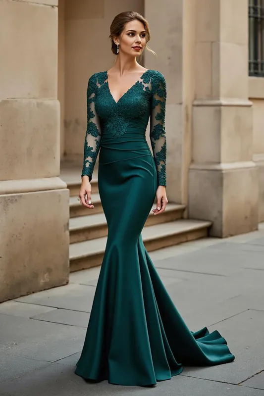 Mermaid Sweep Train Stretch Satin Pine Mother of the Bride Dress with Lace Appliques sold by Zapaka