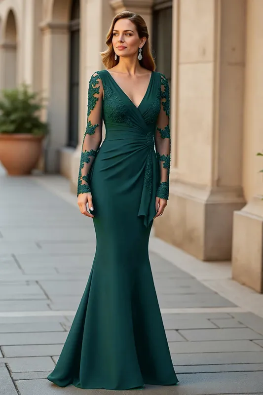 Mermaid V-Neck Long Pine Mother of the Bride Dress with Lace Appliques sold by Zapaka