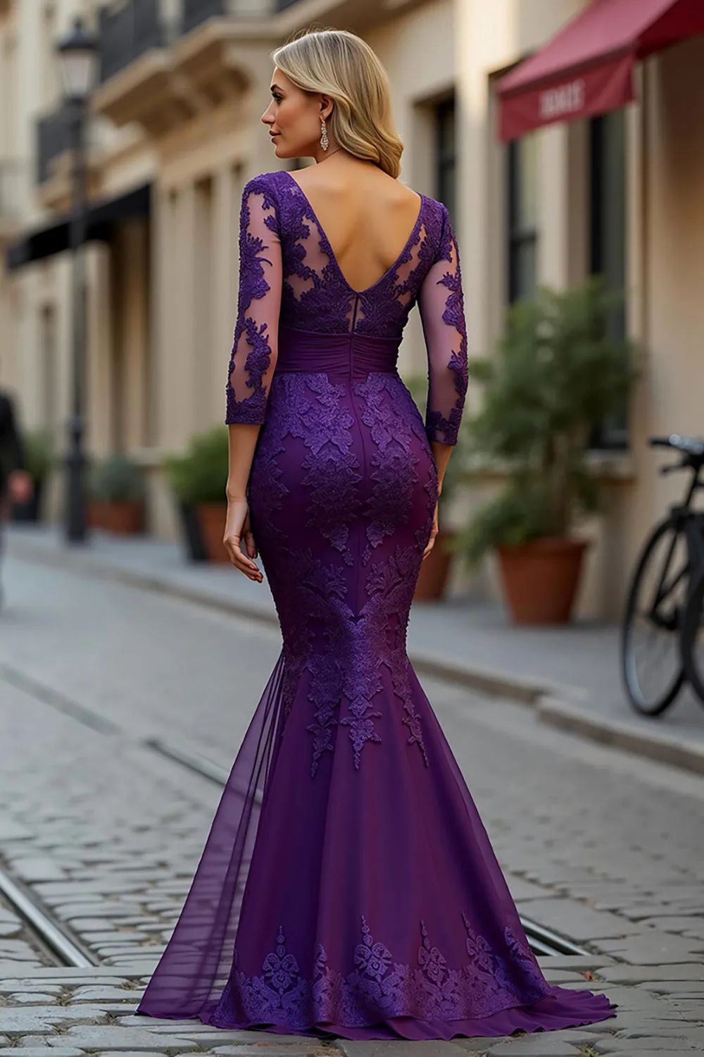 Mermaid V-Neck Plum Mother of the Bride Dress with Lace Appliques sold by Zapaka product image thumbnail 2