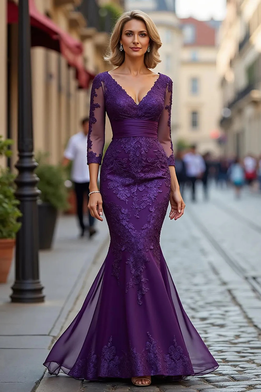 Mermaid V-Neck Plum Mother of the Bride Dress with Lace Appliques sold by Zapaka