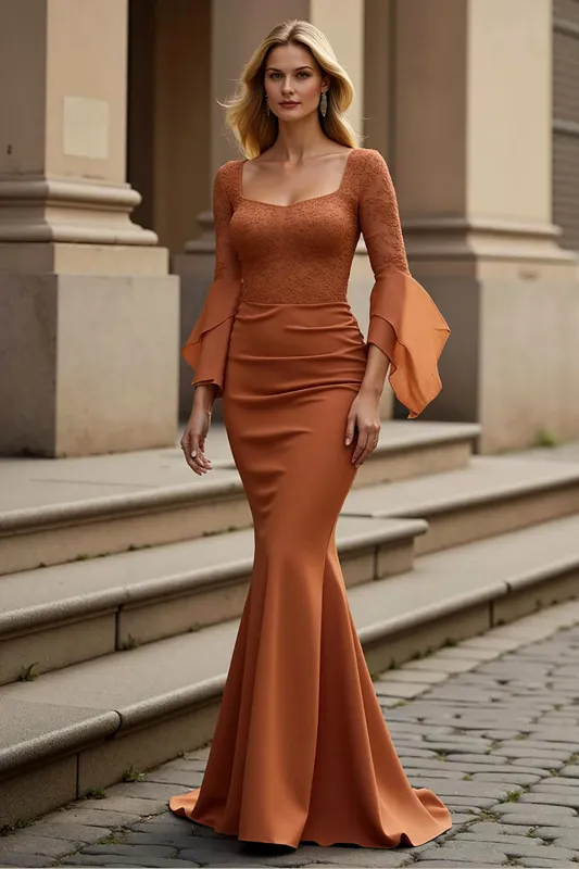 Sunset Long Stretch Satin Mermaid Square Neck Mother of the Bride Dress with Lace Appliques sold by Zapaka