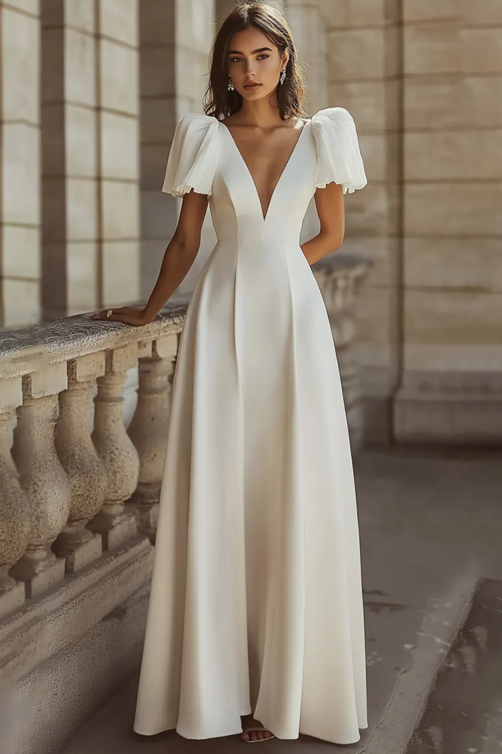 Ivory Long Satin A Line V-Neck Engagement Dress sold by Zapaka