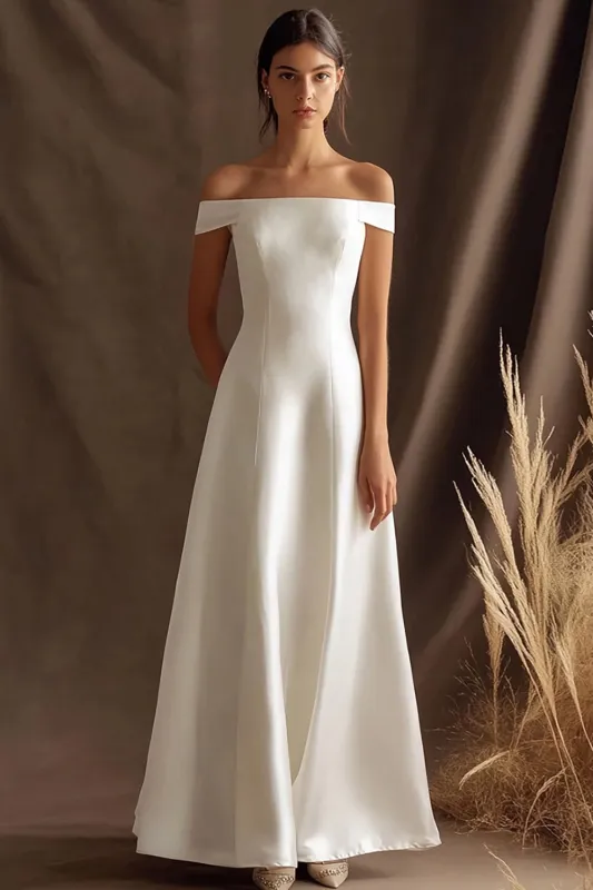 Long Satin A Line Off the Shoulder Ivory Engagement Dress sold by Zapaka