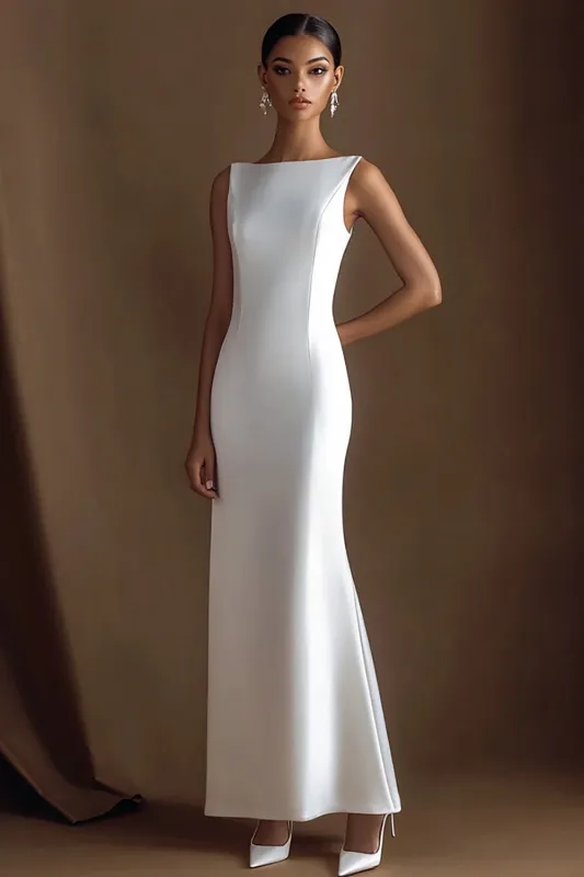 Bateau Simple Satin Sheath Ivory Engagement Dress sold by Zapaka