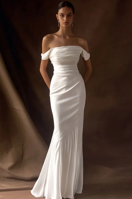 Ivory Off the Shoulder Ruched Sheath Engagement Dress sold by Zapaka