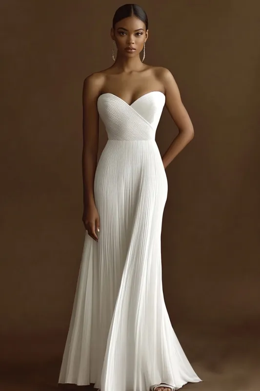 Ivory Chiffon Sheath Sweetheart Long Engagement Dress with Pleats sold by Zapaka