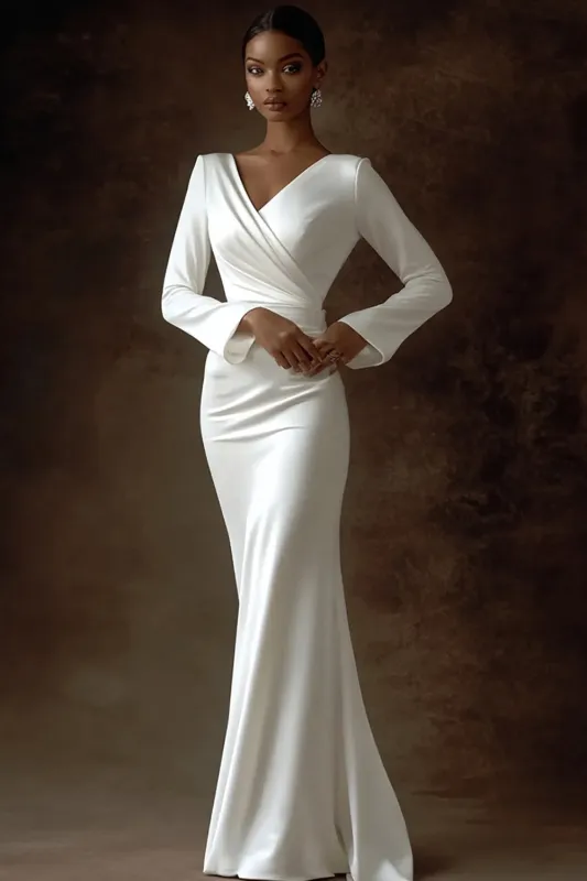 Ivory Long Satin Sheath V-Neck Engagement Dress sold by Zapaka